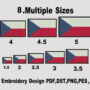 Puede incluir: Imagen que muestra parches bordados de la bandera checa en varios tamaños. Los parches rectangulares presentan un triángulo azul, una franja blanca y una franja roja. Los tamaños varían de 3,8 cm a 12,7 cm de largo. El texto en la parte superior dice "8. Multiple Sizes".