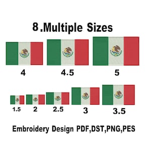 May include: Multiple sizes of the Mexican flag embroidery design. The flags are green, white, and red, with the Mexican coat of arms in the center. Sizes range from 1.5 to 5 inches. Text reads "Embroidery Design PDF, DST, PNG, PES."