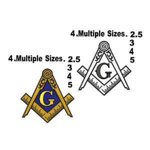 May include: Two Masonic Square and Compass designs. One is gold and blue with the letter "G" in the center. The other is a black and white outline. Text indicates multiple sizes available: 2.5, 3, 4, and 5 inches.