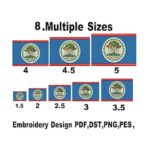 Disegno per ricamo a macchina della bandiera del Belize: 8 dimensioni, toppe personalizzate (download immediato)