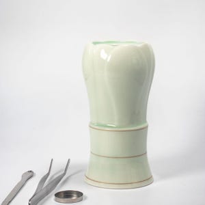 Peut inclure: Un vase en céramique vert pâle avec un dessus cannelé et un design en forme de bambou. Le vase est accompagné d'un ensemble d'outils en acier inoxydable, dont une pince à épiler et un petit récipient rond. L'esthétique générale est minimaliste et élégante.