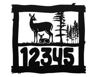 Personalized Doe and Fawn Metal Address Sign – Rustic Cabin Decor