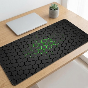 Hexagon Green Glow Desk Mat - 3D Honeycomb Gaming Mouse Pad - Cyberpunk Tech Aesthetic Desk Pad for Mechanical Keyboard Setup - XL Mousepad