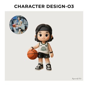 Puede incluir: Una figura de una jugadora de baloncesto sosteniendo un balón. La figura lleva una camiseta blanca y verde con el número 19, pantalones cortos negros y zapatillas deportivas blancas y negras. La imagen incluye el texto "CHARACTER DESIGN-03".