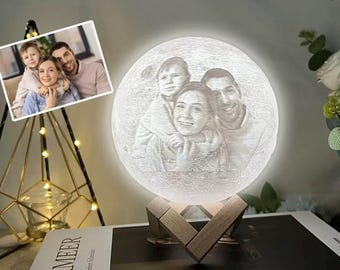 Custom 3D Printed Moon Lamp, Personalized Photo Couple Portrait, Romantic Night Light with Wooden Base, Unique Anniversary Valentine Gift