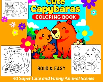Cute Capybara coloring book. 40 Funny Kawaii Animal Pages + 3 Bonus. For Kids & Adults. Printable PDF (8.5 x 8.5)