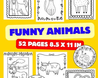Funny Animals Coloring Pages. 52 Cute Animal Coloring Sheets. Printable Coloring Book for Kids & Adults. Funny Animal Art | Instant Download