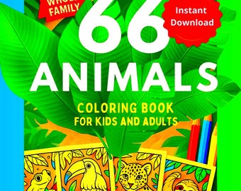 66 Animal coloring pages. Printable book for kids & adults. 26 magical + 40 realistic animals. A4 and Letter PDF format 300 DPI.