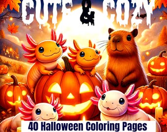 Halloween coloring book. 44 cute pages to print. Capybara & Axolotls – cozy fall PDF for kids and adults