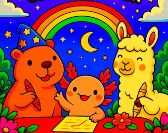 Cute Animal coloring pages – Capybara, Axolotl & Llama – 40 printable designs for kids and adults – A4 + US Letter – Kawaii Calm Animals.