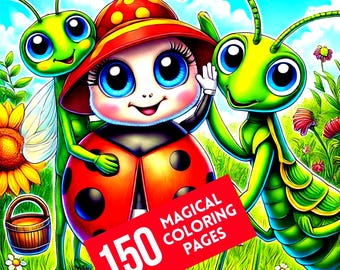 Magical Insects and bugs coloring book printable. 150 Pages with fairies, gnomes and forest friends. A4 & Letter PDF.