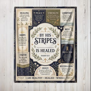 May include: A rectangular throw blanket featuring a central emblem with the text By His Stripes Is Healed Isaiah 53:5 surrounded by floral motifs. Surrounding panels contain religious verses titled Healing, Peace, Strength, Comfort, Hope, Rest, Faith, Protection, Restoration, and Grace.