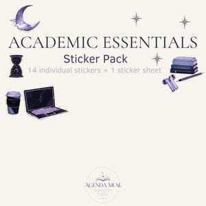Può includere: Pacchetto di adesivi Academic Essentials con 14 adesivi singoli e 1 foglio. Il design include una mezzaluna, una clessidra, una pila di libri, un bicchiere di caffè, un portatile, auricolari e una penna in tonalità viola, blu e nero.