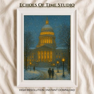 May include: A framed art print of a building with a large dome, illuminated by warm light against a snowy, dark blue sky. The print features the text "Echoes of Time Studio" at the top and "High Resolution | Instant Download" at the bottom.