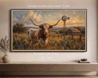 Arte para TV Samsung Frame / Paisaje de rancho Texas Longhorn / Protector de pantalla de granja del oeste / Decoración rústica de pared de vaquero / Descarga instantánea