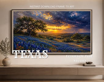 Cuadro decorativo para TV con diseño de tormenta de lupinos azules de Texas, descarga digital de paisaje dramático, cuadro decorativo para TV Samsung, pintura al óleo rústica para decoración.