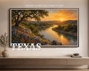 Cuadro decorativo para TV con marco de Bluebonnet River Bend de Texas, pintura al óleo de paisaje de flores silvestres para descarga digital, puesta de sol en Hill Country para Samsung Art