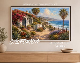 Cuadro decorativo para TV con diseño de casa de playa californiana, palmera costera y océano (descarga digital), pintura al óleo imprimible, decoración veraniega con cálida luz dorada.