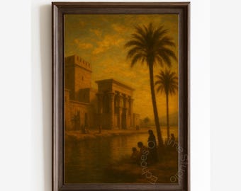 Ancient Egypt Temple Printable, Egyptian Nile River Wall Art, Historical Desert Landscape Print, Vintage Decor, Home Decor