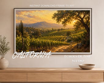 Cuadro decorativo para TV con imagen de una puesta de sol en un viñedo del Valle de Napa, pintura al óleo de California para descarga digital, regalo rústico para inauguración de casa en la región vinícola, decoración paisajística para el hogar.