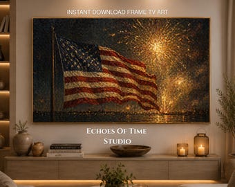 Diseño para Samsung Frame TV / Bandera estadounidense y fuegos artificiales / Protector de pantalla patriótico del 4 de julio / Decoración vintage de EE. UU. / Descarga instantánea