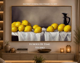 Arte para televisores Samsung Frame / Pintura de naturaleza muerta con limones / Protector de pantalla para cocina mediterránea / Decoración rústica de pared estilo granja / Descarga instantánea