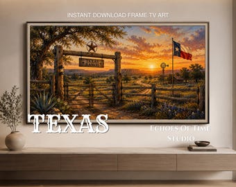 Descarga digital de la puesta de sol en la puerta de un rancho tejano, pintura al óleo de paisaje rústico del oeste, arte para enmarcar en un televisor Samsung, descarga instantánea de estilo campestre americano.