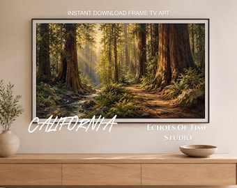 Cuadro decorativo para TV con marco de bosque de secuoyas de California, descarga digital de sendero boscoso iluminado por el sol, lámina de naturaleza pintada al óleo, decoración rústica para cabaña de parque nacional.