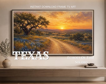 Cuadro decorativo para TV con marco de carretera rural de Texas y puesta de sol dorada, descarga digital de roble con lupinos azules y colinas onduladas, pintura al óleo rústica del oeste para imprimir.