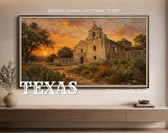 Cuadro decorativo para TV con marco de la Misión de Texas y puesta de sol, descarga digital para Samsung Frame TV, pintura al óleo de paisaje del suroeste, decoración rústica del oeste, arte de granja.