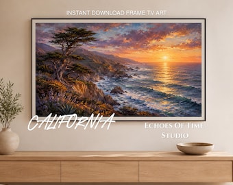 Puesta de sol costera en Big Sur, California, arte para Samsung Frame TV, ciprés, ola del océano, roca, descarga digital, pintura al óleo de flores silvestres, decoración del hogar