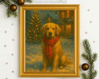 May include: A framed print of a Golden Retriever wearing a red scarf, set in a snowy winter scene. A Christmas tree and a house are in the background. The print is in a gold frame, with text at the bottom: "HIGH RESOLUTION | INSTANT DOWNLOAD".