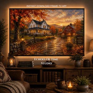 Könnte beinhalten: Ein gerahmter digitaler Kunstdruck einer ländlichen Herbstszene mit einem weißen Bauernhaus und einer roten Scheune. Das Kunstwerk ist mit warmer Beleuchtung beleuchtet, und der Text "INSTANT DOWNLOAD FRAME TV ART" ist oben sichtbar.