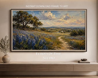Arte para televisores Samsung Frame / Campo de flores silvestres Bluebonnet de Texas / Protector de pantalla de paisaje primaveral sureño / Decoración de pared estilo casa de campo / Descarga instantánea