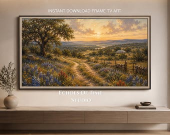 Arte para Samsung Frame TV / Sendero de Texas Hill Country / Protector de pantalla de puesta de sol con lupinos azules / Paisaje rústico de granja / Descarga instantánea