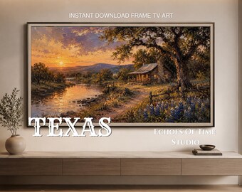 Cuadro decorativo para TV con diseño de cabaña junto al río Texas, paisaje rústico para descarga digital, cuadro decorativo para TV Samsung, acogedora decoración con pintura al óleo.