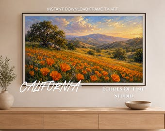 Arte para TV con marco de amapola dorada de California en ladera de roble, pintura al óleo de primavera, descarga digital de paisaje, decoración rústica para el hogar con puesta de sol en la costa oeste