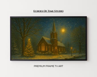 Puede incluir: Una impresión artística digital enmarcada representa una iglesia de noche, iluminada por la luna llena y un árbol de Navidad brillante. La obra de arte está ambientada contra un cielo estrellado, con el texto "Echoes Of Time Studio" en la parte superior.