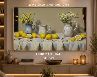 Arte para televisores Samsung Frame / Naturaleza muerta con flores de limonero / Protector de pantalla de cocina italiana de verano / Decoración rústica de pared estilo granja / Descarga instantánea