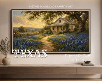 Cuadro decorativo para TV con diseño de cabaña de lupinos azules de Texas, descarga digital rústica de granja, paisaje pintado al óleo, protector de pantalla para Samsung, decoración para el hogar campestre.