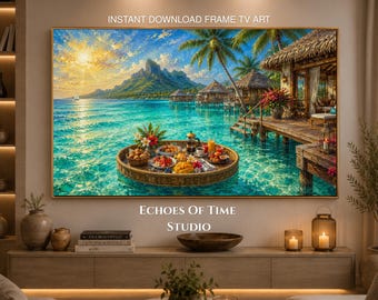 Bora Bora Frame TV Art, Pintura de Isla Tropical, Impresión Digital Laguna Turquesa, Samsung Frame TV, Arte Bungalow Sobre el Agua, Descarga Instantánea