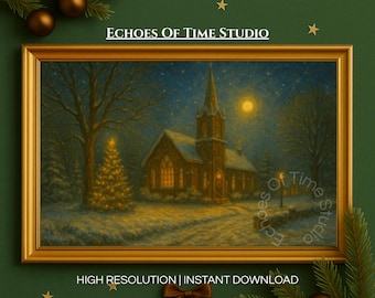 May include: A framed painting of a church at night, illuminated by a full moon and a lit Christmas tree. The artwork is set in a gold frame and surrounded by Christmas decorations. Text on the frame reads "Echoes Of Time Studio" and "High Resolution | Instant Download".