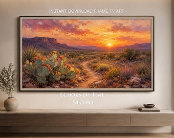 Arte para TV Samsung Frame / Atardecer con cactus en el desierto de Texas / Protector de pantalla de paisaje del suroeste / Decoración rústica de pared del oeste / Descarga instantánea