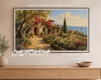 Cuadro decorativo para TV en un jardín de una finca en Montecito, California; pintura al óleo digital con buganvillas mediterráneas para la costa; decoración para el hogar en Santa Bárbara.