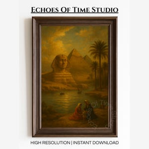 May include: Framed print depicting an Egyptian scene with the Sphinx, pyramids, and palm trees. The artwork uses a warm colour palette and includes figures near the water. The text "ECHOES OF TIME STUDIO" is at the top.