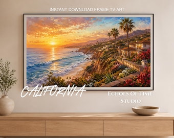Cuadro decorativo para TV con marco de atardecer costero de Malibú, California; pintura al óleo digital de palmeras en acantilados costeros; decoración de pared imprimible de lujo para casas de playa.
