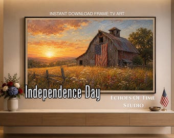 Marco de TV patriótico para granero, descarga digital del 4 de julio, pintura de la bandera estadounidense al atardecer, arte para TV Samsung, decoración del Día de la Independencia