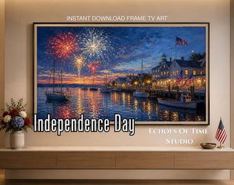 Arte para TV con marco del 4 de julio, descarga digital de fuegos artificiales patrióticos en el puerto, impresión digital del Día de la Independencia, decoración de pared con arte costero estadounidense