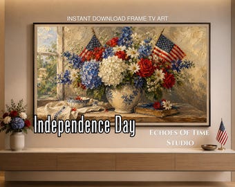 Bandera estadounidense floral patriótica, arte para marco de TV Samsung, rojo, blanco y azul del 4 de julio, descarga digital, decoración de pintura al óleo vintage americana