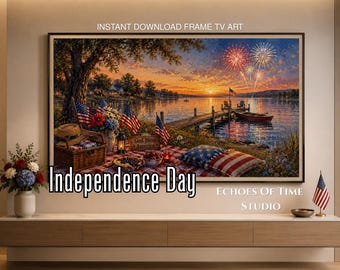 Cuadro decorativo para TV con marco de atardecer para picnic del 4 de julio, pintura al óleo patriótica americana para descarga digital, decoración para casa de campo o casa de lago del Día de la Independencia.